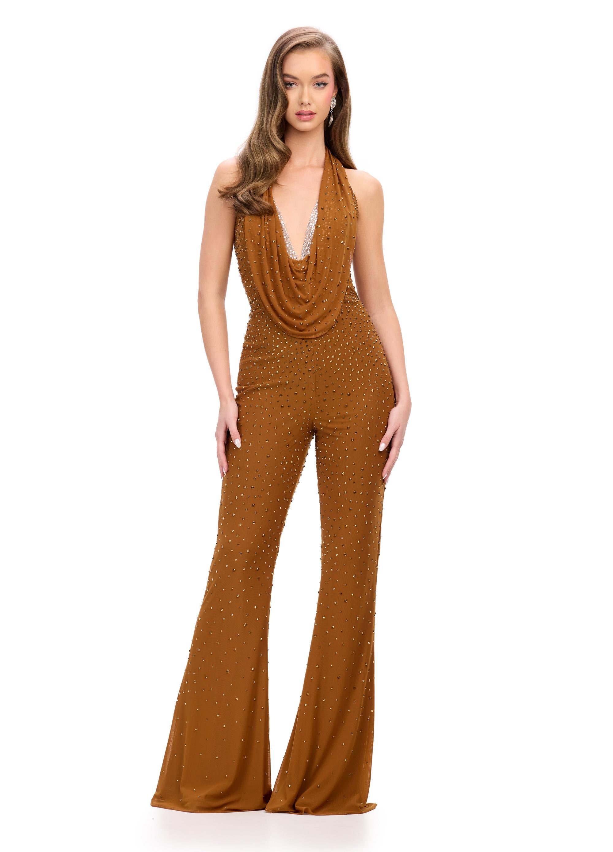 Bronze ASHLEYlauren 11775 standout jumpsuit featuring a halter neckline, illusion deep V-neckline adorned with crystal press-on stones, and a sleek silhouette for a bold and glamorous look.
