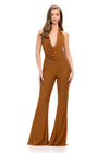 Bronze ASHLEYlauren 11775 standout jumpsuit featuring a halter neckline, illusion deep V-neckline adorned with crystal press-on stones, and a sleek silhouette for a bold and glamorous look.