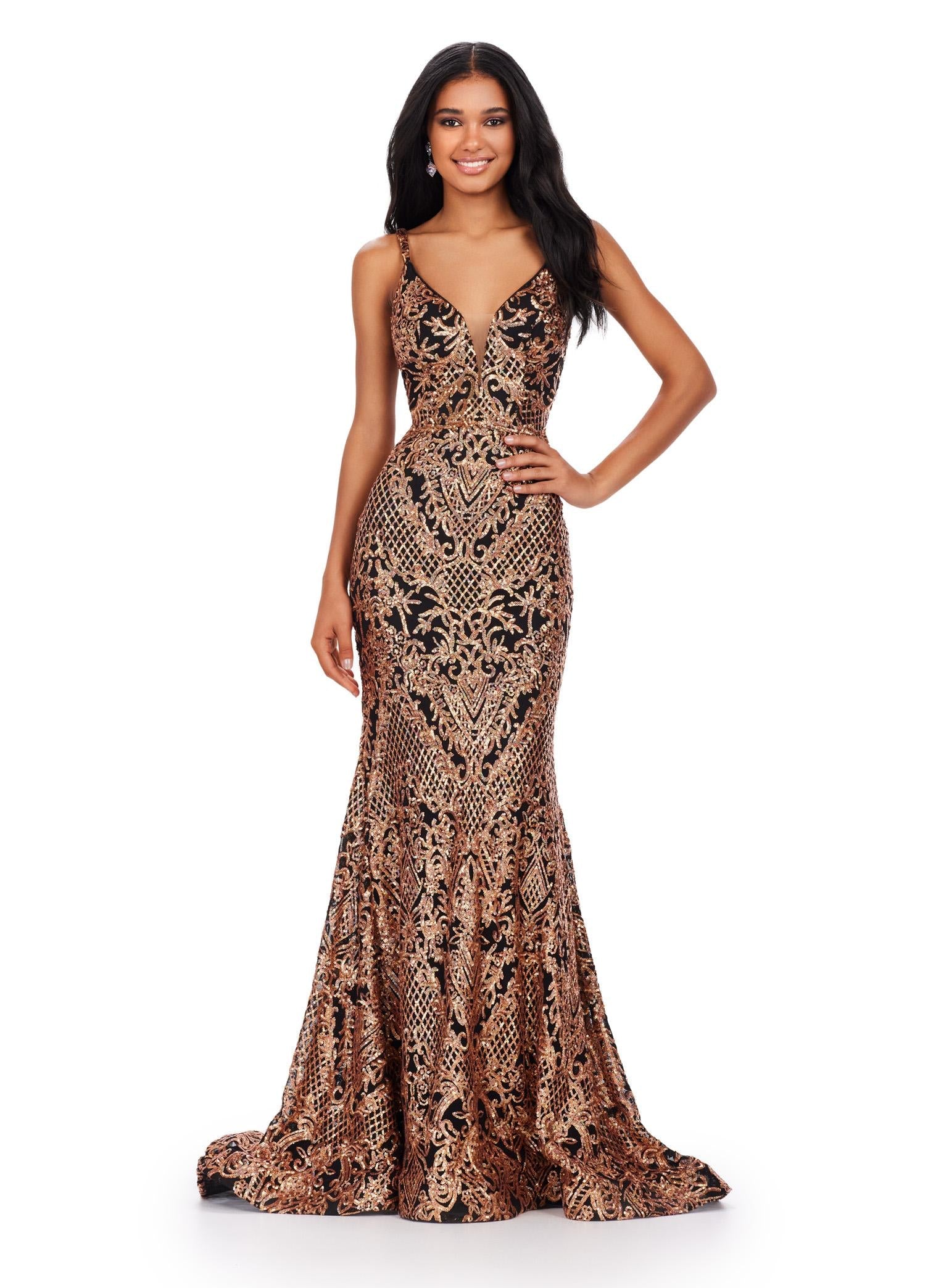 Bronze/Black ASHLEYlauren 11466 fitted stretch sequin gown with V-neckline and deep V-back