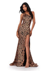 Bronze/Black ASHLEYlauren 11471 one shoulder stretch sequin gown with illusion side cut out and left leg slit