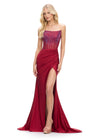 Burgundy ASHLEYlauren 11690 Glamorous Strapless Gown with Exposed Corset Boning Encrusted in Press On Stones, Ruched Skirt, and Left Leg Slit