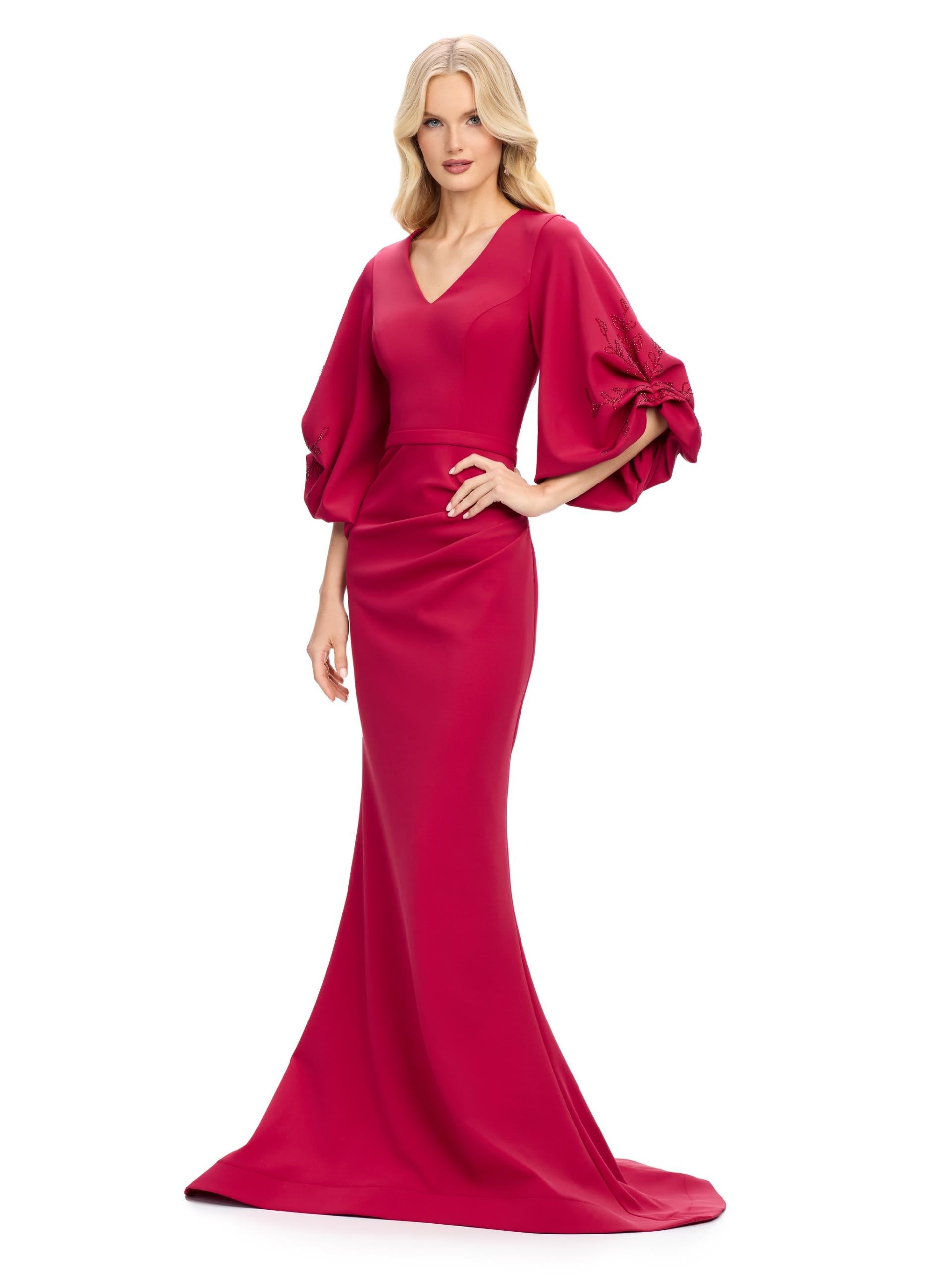 Burgundy ASHLEYlauren 11740 Timeless Fitted Scuba Gown with Elegant V-Neckline, Embellished Balloon Sleeves, Press On Stone Accents, and Wrap Skirt Design