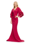 Burgundy ASHLEYlauren 11740 Timeless Fitted Scuba Gown with Elegant V-Neckline, Embellished Balloon Sleeves, Press On Stone Accents, and Wrap Skirt Design