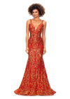 Burnt Orange ASHLEYlauren 11113 stretch sequin gown featuring spaghetti straps, an illusion V-neckline, deep V-back, and a horsehair hem for a sleek and glamorous statement look.