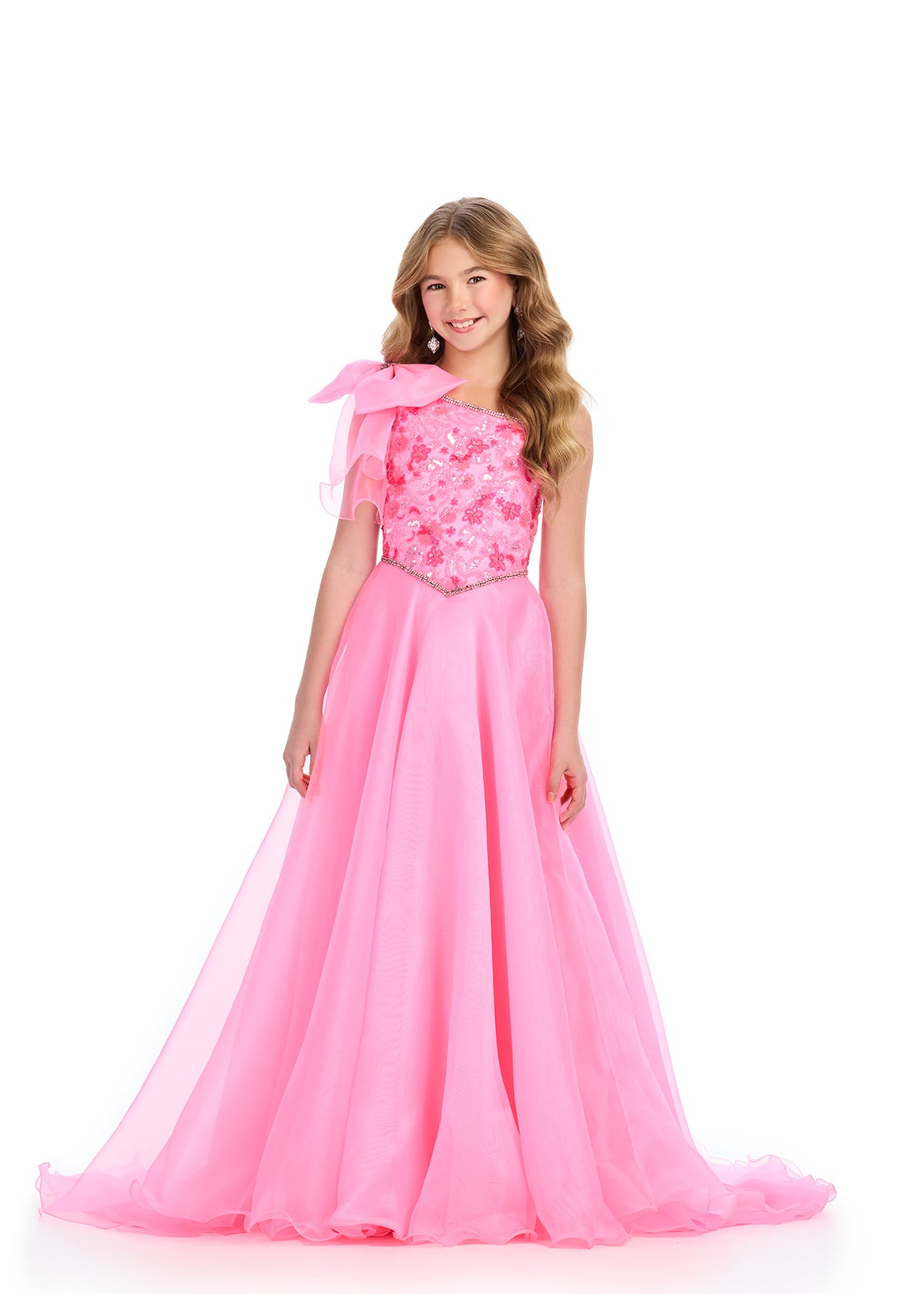 Pink ASHLEYlauren 8300 One-Shoulder Ball Gown with Fully Beaded Bustier, Oversized Organza Bow, and Flowing A-Line Skirt