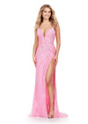 Candy Pink ASHLEYlauren 11236 strapless gown featuring a sweetheart neckline, modern floral sequin motif cascading down the bustier and skirt, and a left leg slit for a glamorous and head-turning look.