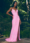 Candy Pink ASHLEYlauren 11236 strapless gown featuring a sweetheart neckline, modern floral sequin motif cascading down the bustier and skirt, and a left leg slit for a glamorous and head-turning look.