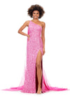 Candy Pink ASHLEYlauren 11371 dazzling one shoulder sequin gown featuring a fully hand-beaded design, a detachable chiffon cape, and a left leg slit, available in vibrant color options for a bold and glamorous statement look.
