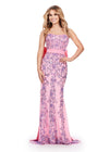Candy Pink ASHLEYlauren 11583 Strapless Fully Beaded Gown with Intricate Beaded Design, Detachable Taffeta Belt, and Oversized Bow