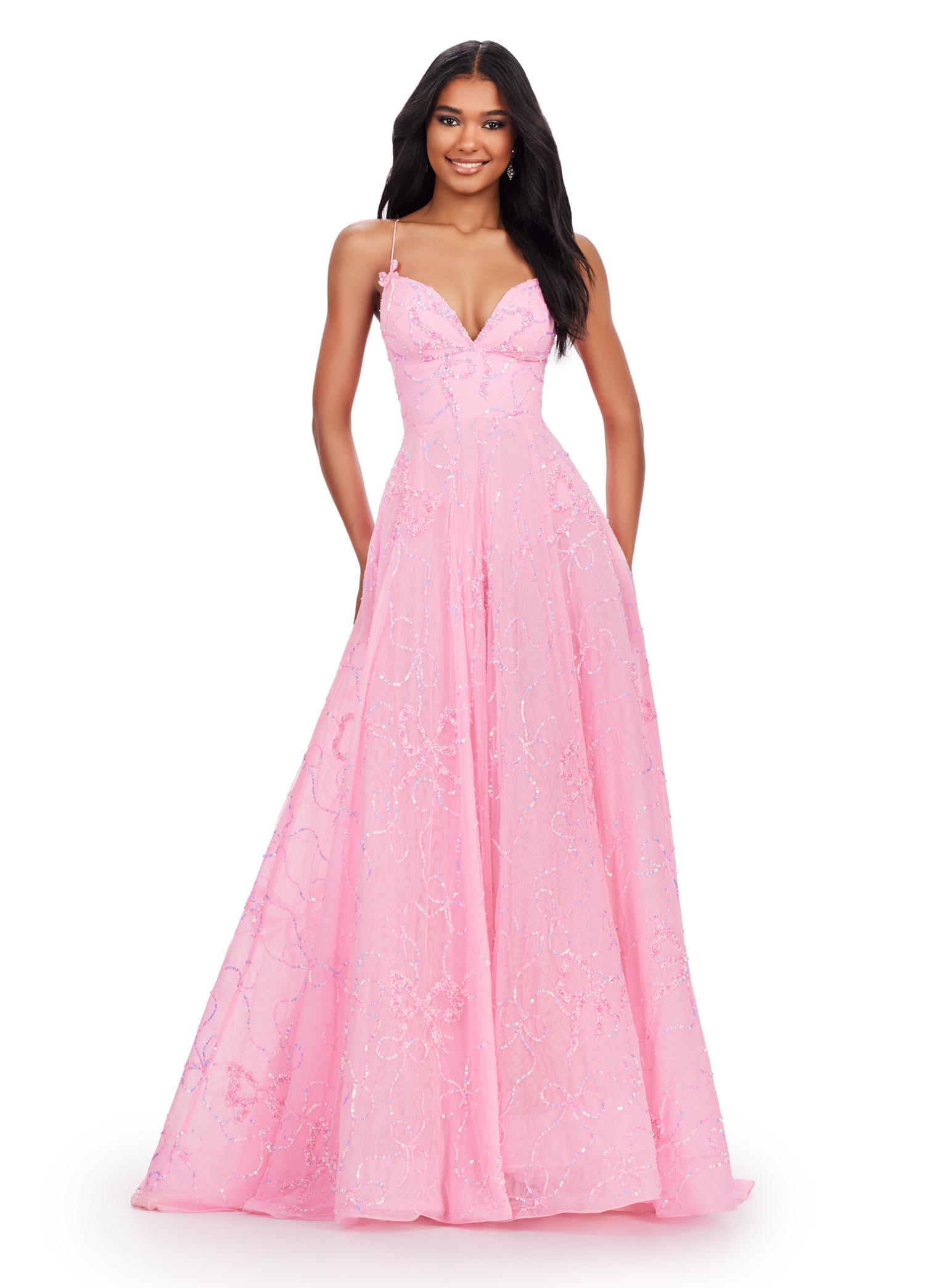 Candy Pink ASHLEYlauren 11658 Fully Beaded A-Line Tulle Gown with Sweetheart Neckline, Intricate Bow Accents, and Lace Up Back