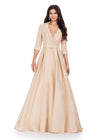 Champagne ASHLEYlauren 11326 Elegant Phantom Satin Ball Gown with V-Neckline, Wrap Lapel Detail, Buckled Waist Belt, Full Skirt, and Hidden Pockets