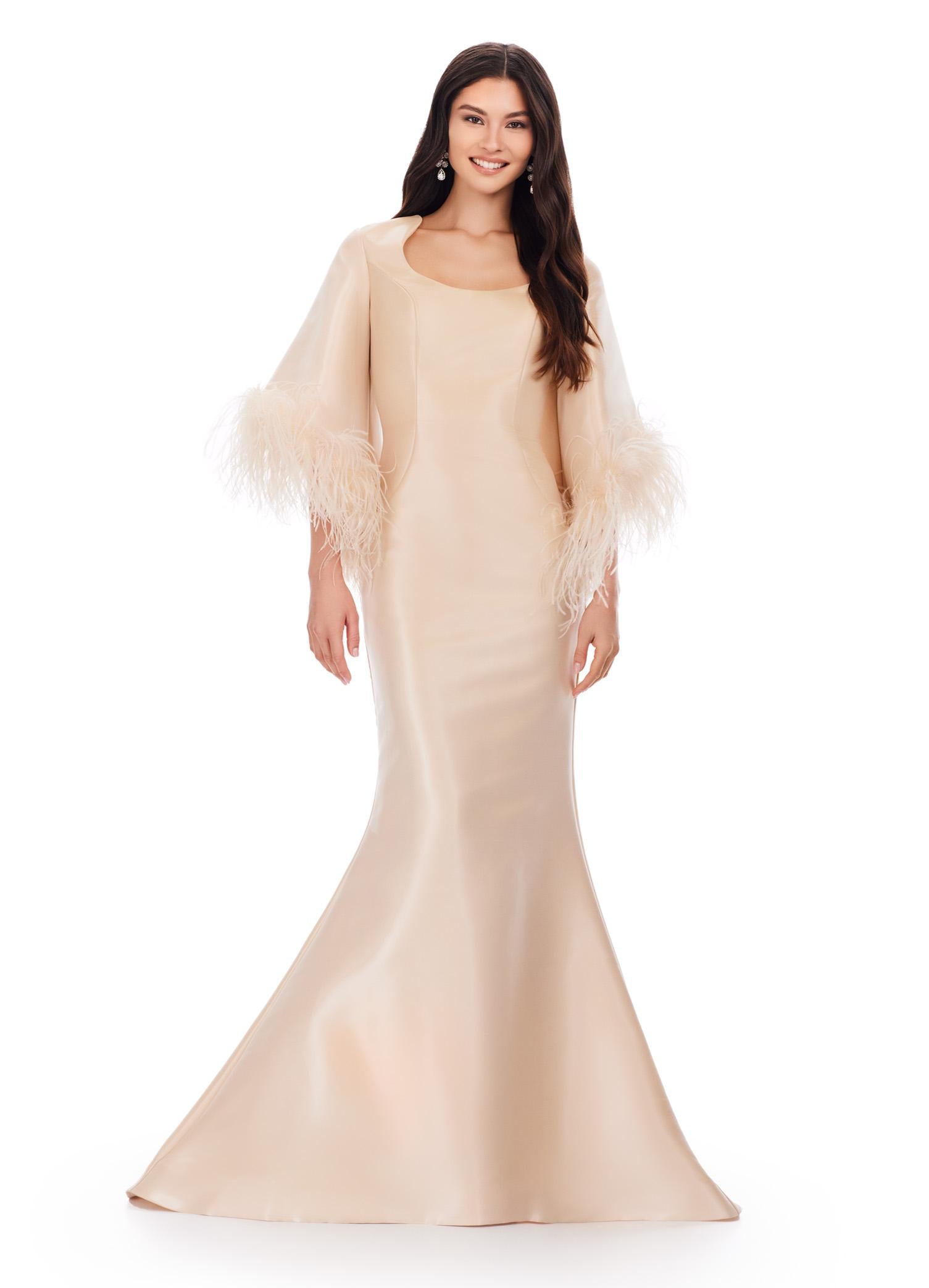 ASHLEYlauren 11381 Satin Gown with Feather Flare Sleeves