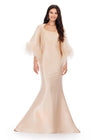Champagne ASHLEYlauren 11381 Fit and Flare Phantom Satin Gown with Modern Scoop Neckline, Feather Detailed Flare Sleeves, and Horsehair Hem Skirt