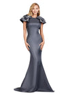 Charcoal ASHLEYlauren 11415 double-faced satin gown featuring a crew neckline, oversized bow shoulder details, and radiant beading on layered shoulder straps for an elegant finish.