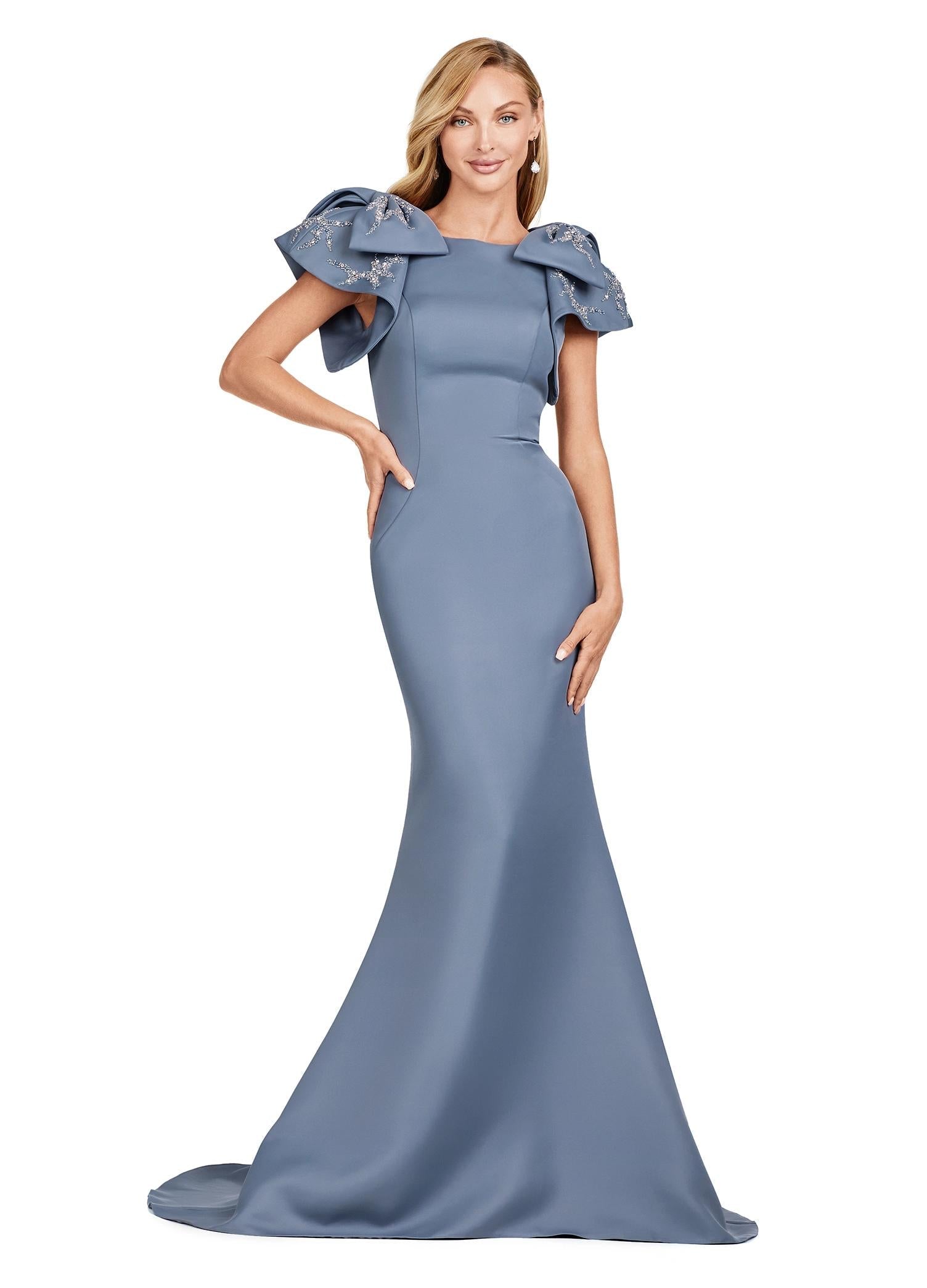 Charcoal ASHLEYlauren 11415 double-faced satin gown featuring a crew neckline, oversized bow shoulder details, and radiant beading on layered shoulder straps for an elegant finish.