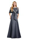 Charcoal ASHLEYlauren 11426 Elegant Double Faced Satin Gown with Crew Neckline, Crystal Embellishments, Subtle A-Line Skirt, and Detachable Beaded Shawl with Finger Loop