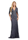 Charcoal ASHLEYlauren 11430 High Fashion Fully Beaded Fitted Gown with Elegant V-Neckline and Statement Cape Sleeves