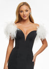 Close-up. Black ASHLEYlauren 11101 Off-Shoulder Scuba Gown with Sweetheart Neckline, Feather Accents, and Left Leg Slit