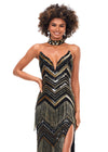 Close-up. Gold/Black ASHLEYlauren 11259 art deco-inspired gown featuring a strapless bustier with built-in corset, intricate bead pattern, cascading fringe accents, left leg slit, and a beaded neck collar for a striking and elegant look.