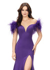 Close-up. Purple ASHLEYlauren 11101 Off-Shoulder Scuba Gown with Sweetheart Neckline, Feather Accents, and Left Leg Slit
