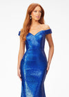 Close-up. Royal ASHLEYlauren 11107 Off-Shoulder Sequin Gown with Criss-Cross Open Back, Fit & Flare Silhouette, and Horsehair Hem
