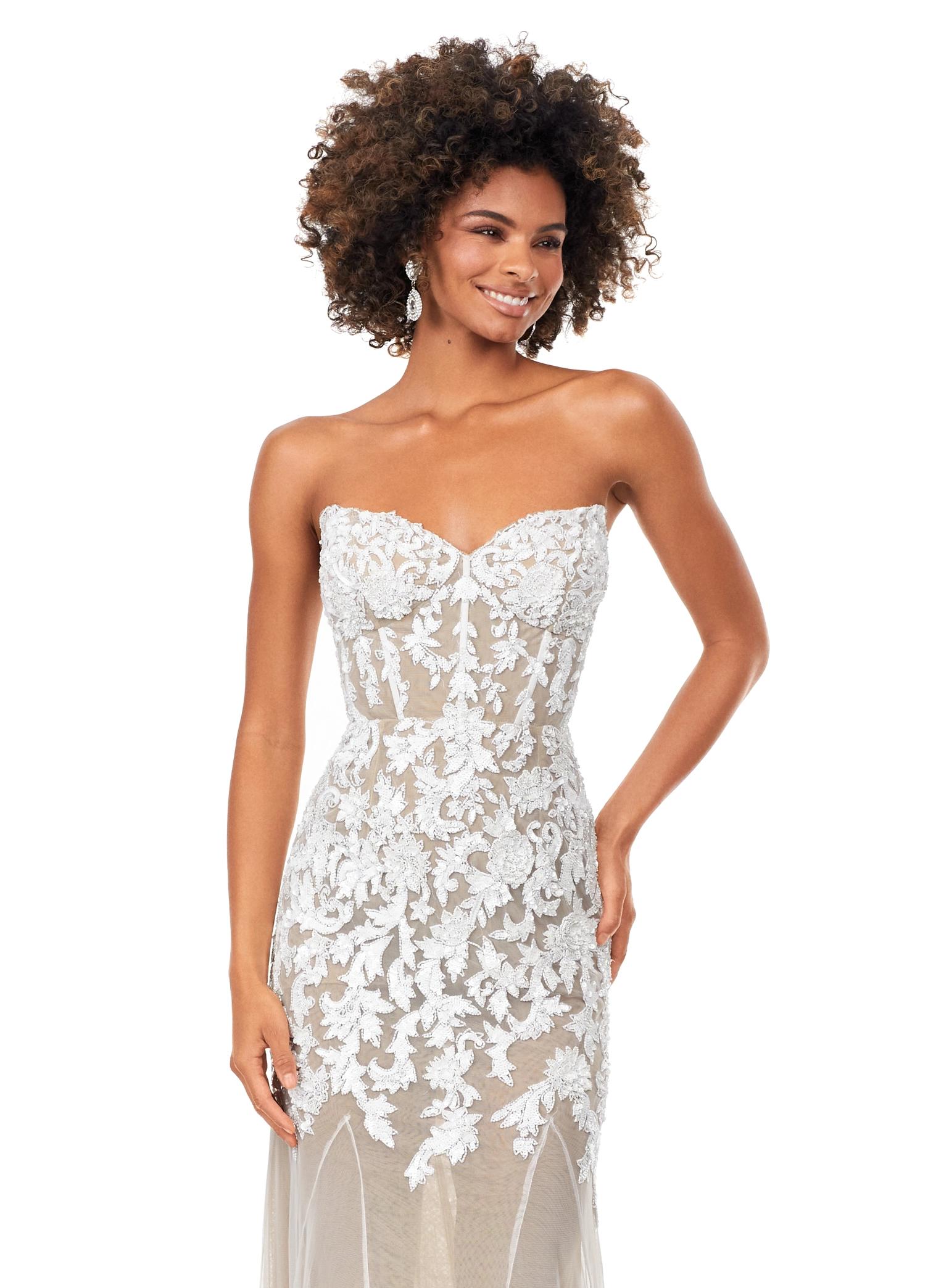 Close Up -Ivory ASHLEYlauren 11361 strapless mermaid gown featuring an intricate hand-beaded bustier, sweetheart neckline, illusion lining, and a horsehair hemline for added structure.
