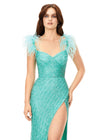 Close Up - Aqua ASHLEYlauren 11367 beaded gown featuring a sweetheart neckline, detachable feather straps, wrap skirt, and left leg slit for an elegant and versatile look.