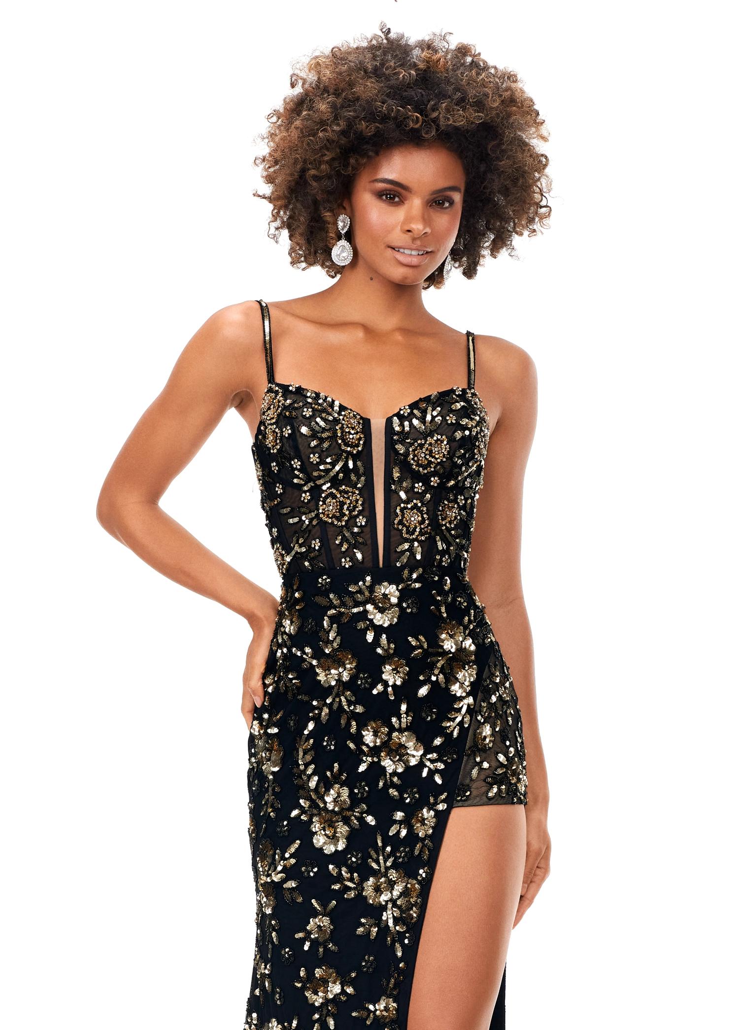 Close Up - Black ASHLEYlauren 11360 floral beaded gown featuring a corset bustier with plunging V-neckline, lace-up back, and a fitted skirt with a high left leg slit.