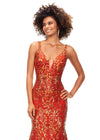Close Up - Burnt Orange ASHLEYlauren 11113 stretch sequin gown featuring spaghetti straps, an illusion V-neckline, deep V-back, and a horsehair hem for a sleek and glamorous statement look.