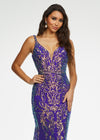 Close Up - Iridescent Purple ASHLEYlauren 11113 stretch sequin gown featuring spaghetti straps, an illusion V-neckline, deep V-back, and a horsehair hem for a sleek and glamorous statement look.