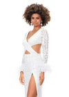 Close Up - Ivory ASHLEYlauren 11364 beaded gown featuring a V-neckline, crisscross cut-out bodice, long sleeves trimmed with feathers, left leg slit, and a sweep train for added drama.