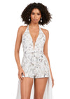 Close Up - Ivory ASHLEYlauren 11386 halter romper featuring a deep V-neckline, open back, and a flowing chiffon overskirt for a chic and elegant look.