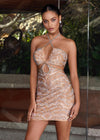 Close Up - Nude ASHLEYlauren 4726 cocktail dress featuring animal print-inspired beadwork, a halter neckline, illusion cut outs, press-on stones, and a fitted skirt for a bold and glamorous look.