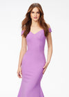 Close Up - Orchid ASHLEYlauren 11025 off shoulder scuba gown featuring a sweetheart neckline, signature crisscross strappy back, fitted silhouette, and a sweep train for an elegant and sophisticated look.