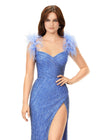 Close Up - Periwinkle ASHLEYlauren 11367 beaded gown featuring a sweetheart neckline, detachable feather straps, wrap skirt, and left leg slit for an elegant and versatile look.