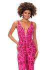 Close Up - Pink ASHLEYlauren 11355 fully hand-beaded jumpsuit featuring an intricate floral bead pattern, V-neckline, V-back, and straight leg pants.