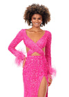 Close Up - Pink ASHLEYlauren 11364 beaded gown featuring a V-neckline, crisscross cut-out bodice, long sleeves trimmed with feathers, left leg slit, and a sweep train for added drama.