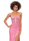 Close Up - Pink ASHLEYlauren 11369 fully liquid beaded gown featuring an exposed bustier, delicate spaghetti straps, left leg slit, and a sweep train for a glamorous finish.