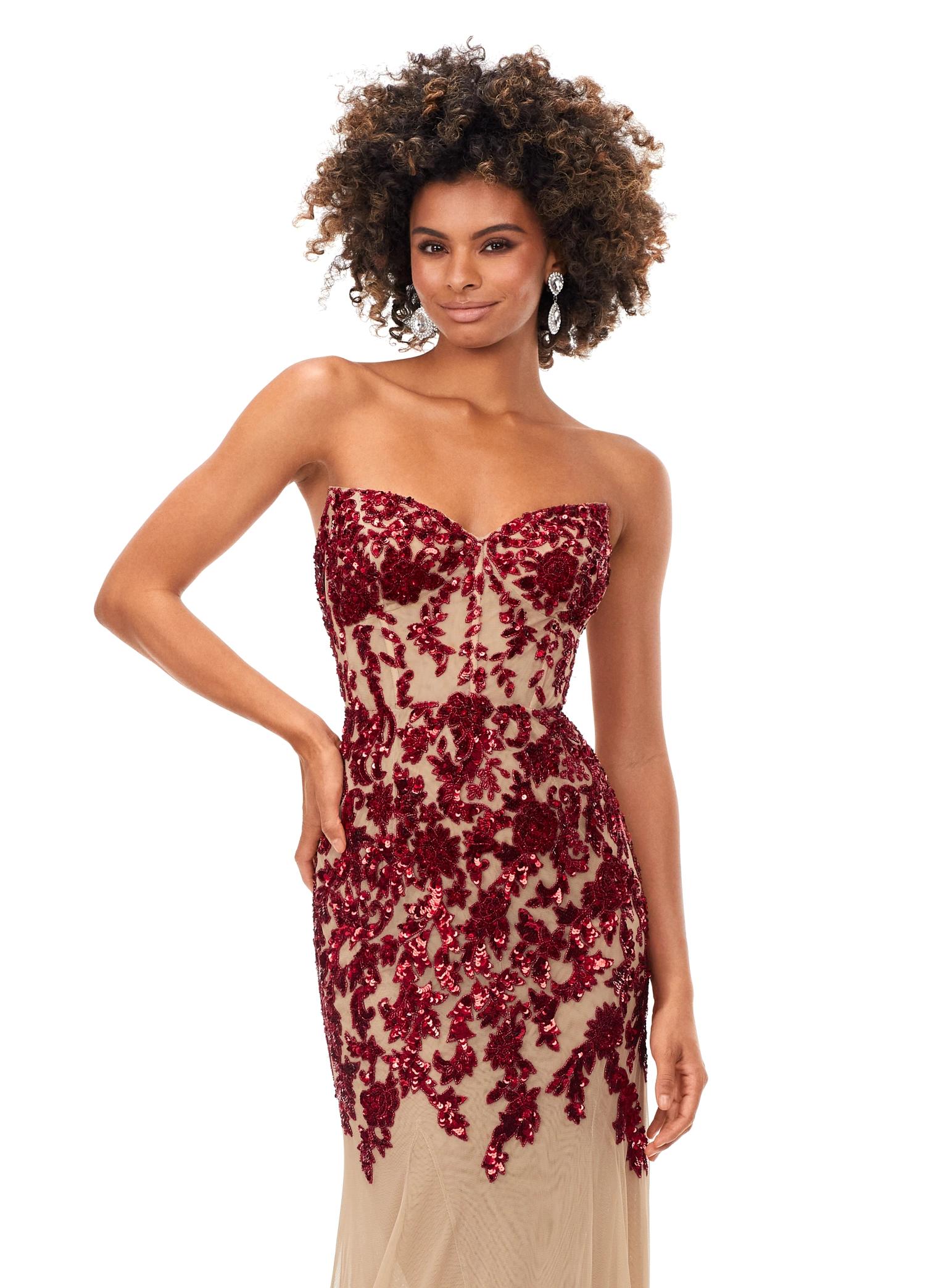 Close Up - Red ASHLEYlauren 11361 strapless mermaid gown featuring an intricate hand-beaded bustier, sweetheart neckline, illusion lining, and a horsehair hemline for added structure.