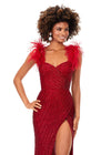 Close Up - Red ASHLEYlauren 11367 beaded gown featuring a sweetheart neckline, detachable feather straps, wrap skirt, and left leg slit for an elegant and versatile look.