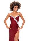 Close Up - Red ASHLEYlauren 11368 gown featuring a sweetheart neckline, delicate spaghetti straps, ivory pearl and crystal beading across the bustier, and a left leg slit for an elegant finish.