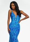 Close Up - Royal/Turquoise ASHLEYlauren 11113 stretch sequin gown featuring spaghetti straps, an illusion V-neckline, deep V-back, and a horsehair hem for a sleek and glamorous statement look.