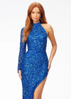 Close Up - Royal/Turquoise ASHLEYlauren 1975 stylish beaded dress featuring a high neckline, one sleeve, and an asymmetrical hemline for a bold and head-turning look.