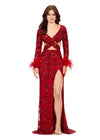 Red ASHLEYlauren 11364 beaded gown featuring a V-neckline, crisscross cut-out bodice, long sleeves trimmed with feathers, left leg slit, and a sweep train for added drama.