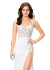 Close Up - White ASHLEYlauren 11360 floral beaded gown featuring a corset bustier with plunging V-neckline, lace-up back, and a fitted skirt with a high left leg slit.