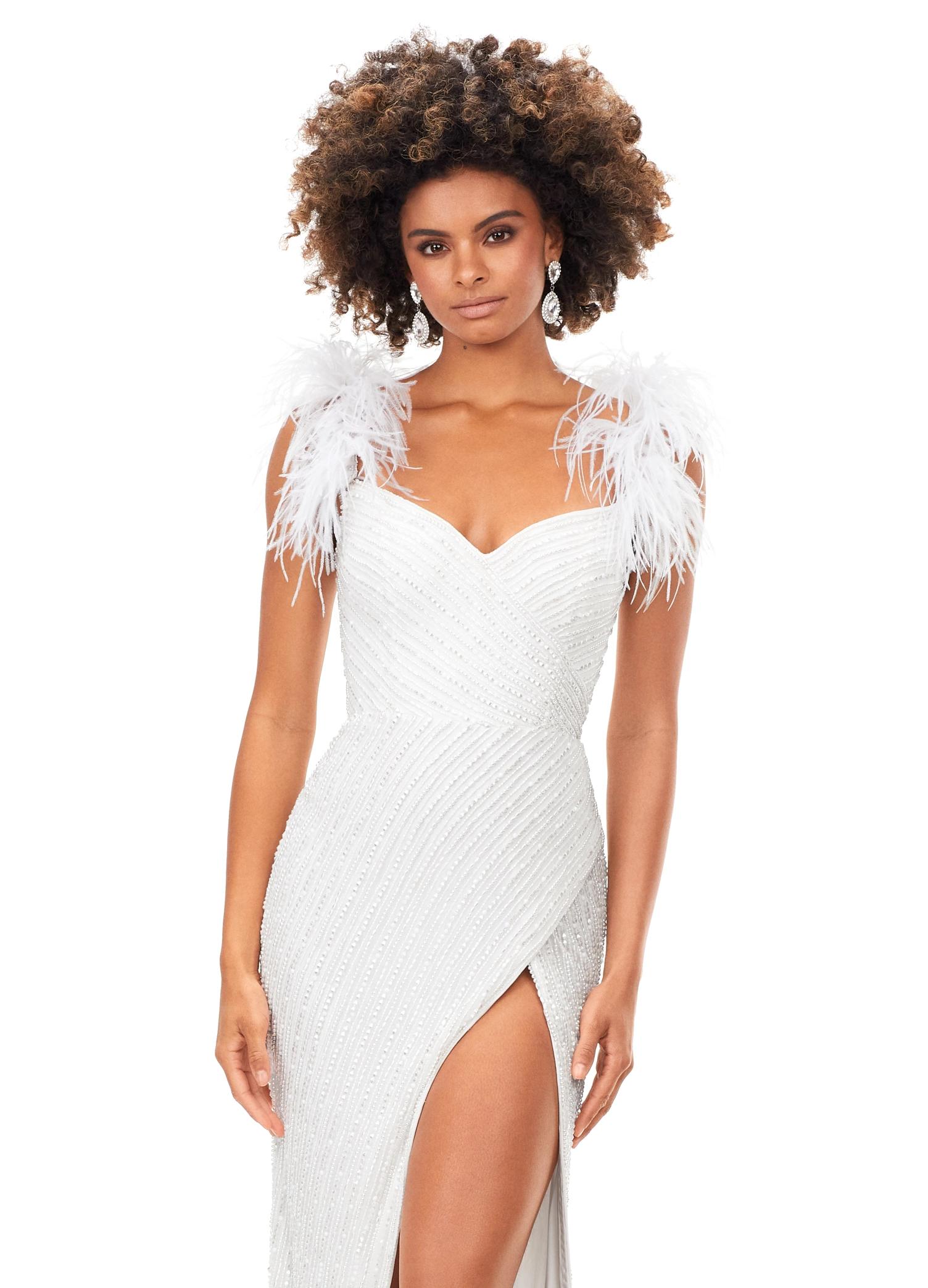 Close Up - White ASHLEYlauren 11367 beaded gown featuring a sweetheart neckline, detachable feather straps, wrap skirt, and left leg slit for an elegant and versatile look.