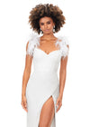 Close Up - White ASHLEYlauren 11367 beaded gown featuring a sweetheart neckline, detachable feather straps, wrap skirt, and left leg slit for an elegant and versatile look.