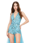 Close Up Aqua ASHLEYlauren 11386 halter romper featuring a deep V-neckline, open back, and a flowing chiffon overskirt for a chic and elegant look.