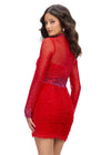 Close Up Back - Red ASHLEYlauren 4736 fitted cocktail dress featuring a high neckline, illusion long sleeves, press-on heat set stones accentuating the collar, cuffs, and waistline for a glamorous and curve-enhancing look.
