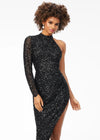Close Up Black ASHLEYlauren 1975 stylish beaded dress featuring a high neckline, one sleeve, and an asymmetrical hemline for a bold and head-turning look.